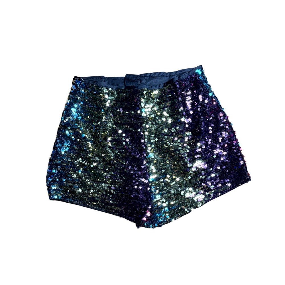 Womens High Waisted Sequin Hot Pants Teal Gold Purple Festival Rave Shorts M - Picture 1 of 5